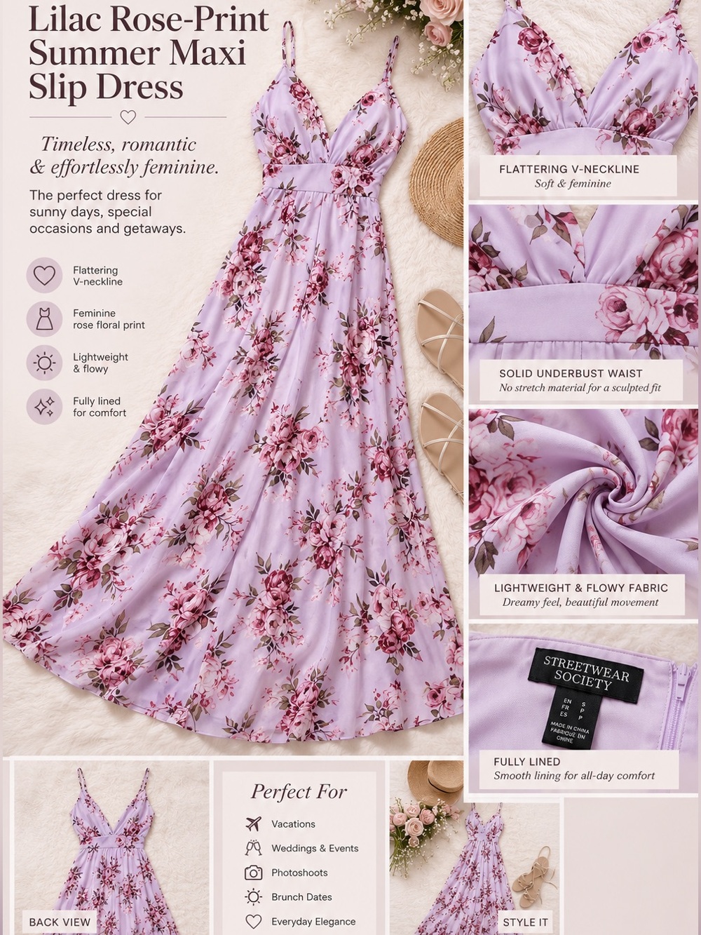 Lilac Rose-Print Summer Maxi Slip Dress